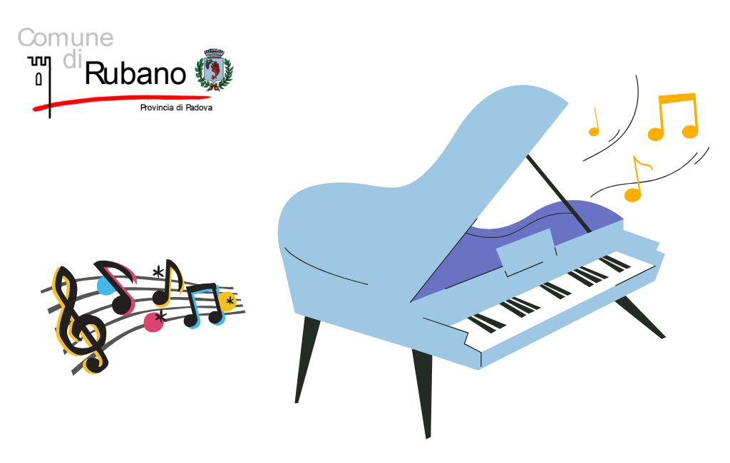 immagine grafica stilizzata di un pianoforte con delle note musicali