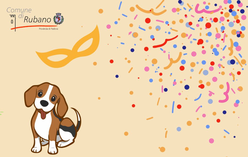 immagine grafica illustrata con un cagnolino, dei coriandoli e delle maschere di carnevale