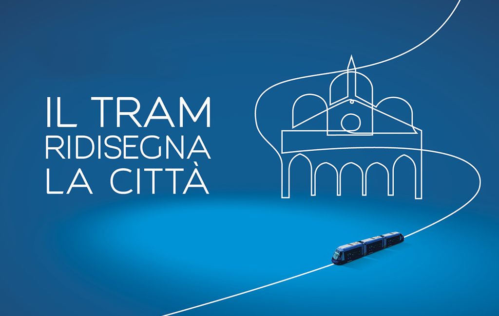 immagine grafica stilizzata di un tram con la Basilica del Santo sullo sfondo